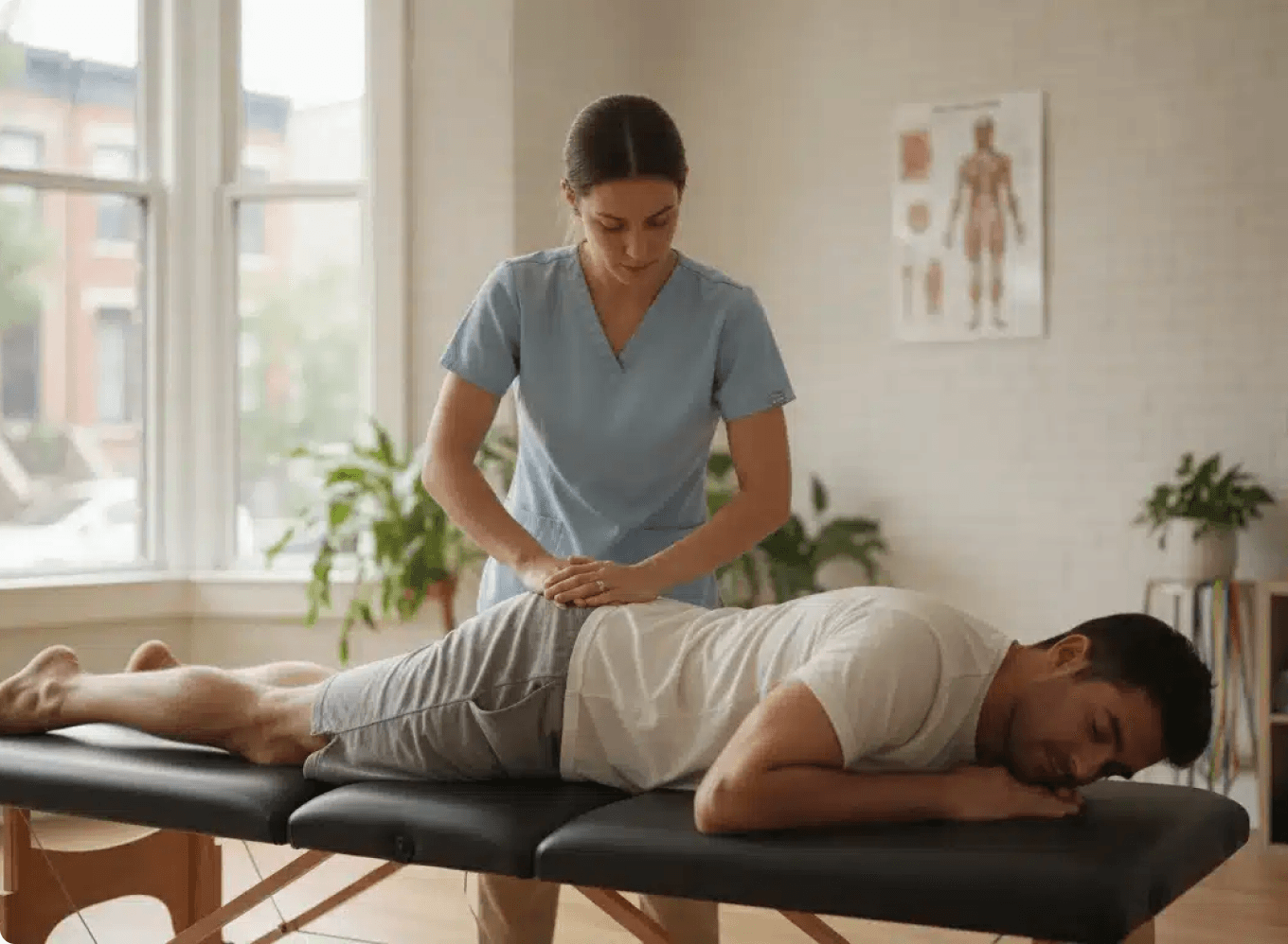 A clinician with both hands on a patient's lower back as the patient lies face down on a treatment table