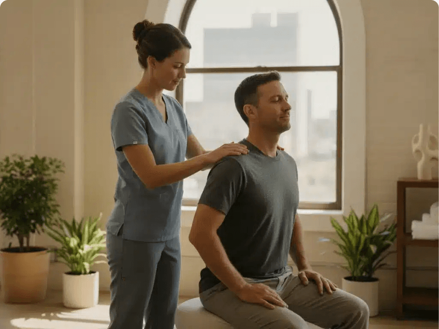 A clinician checking a seated patient's neck and shoulder alignment in a treatment room