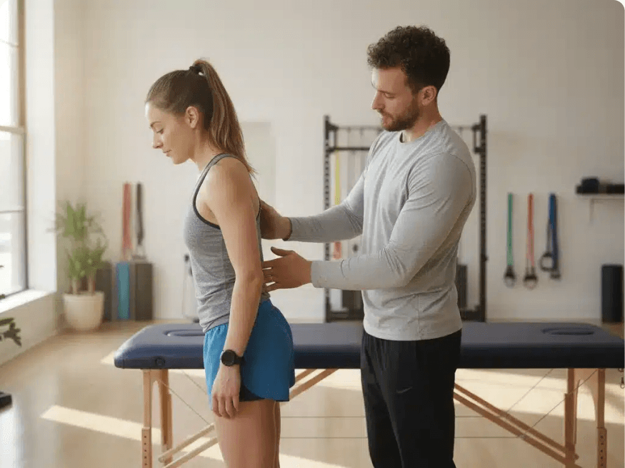 A clinician supporting a standing patient's shoulder during a movement assessment