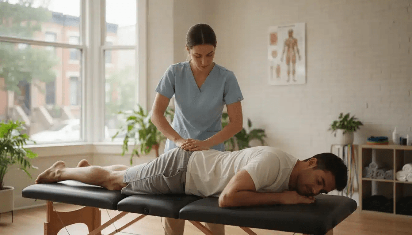 A clinician in blue scrubs with both hands on a patient's hip while the patient lies face down on a treatment table in a bright clinic room