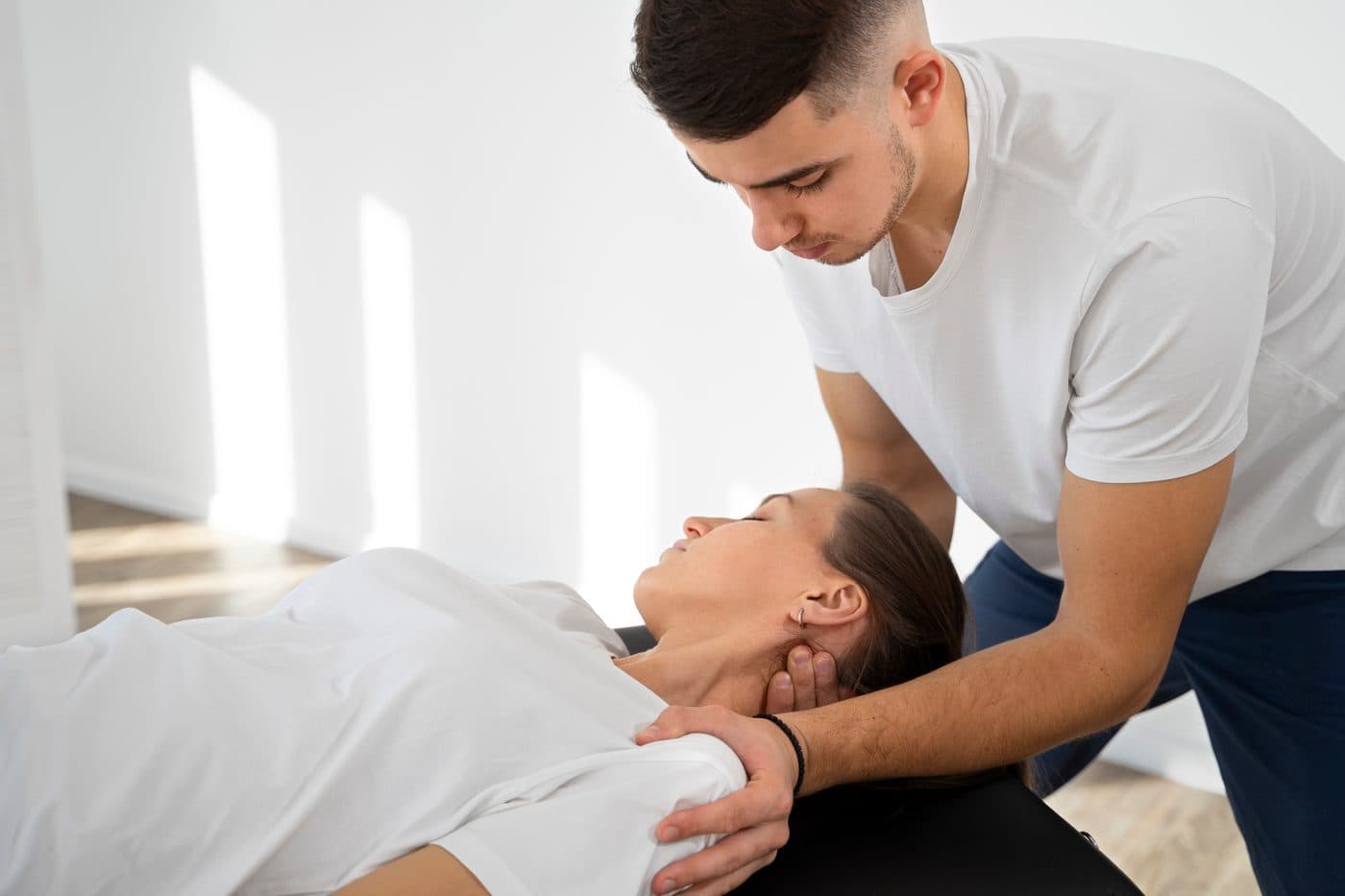 A practitioner cradling a patient's head and shoulder during a neck assessment while she lies on a treatment table