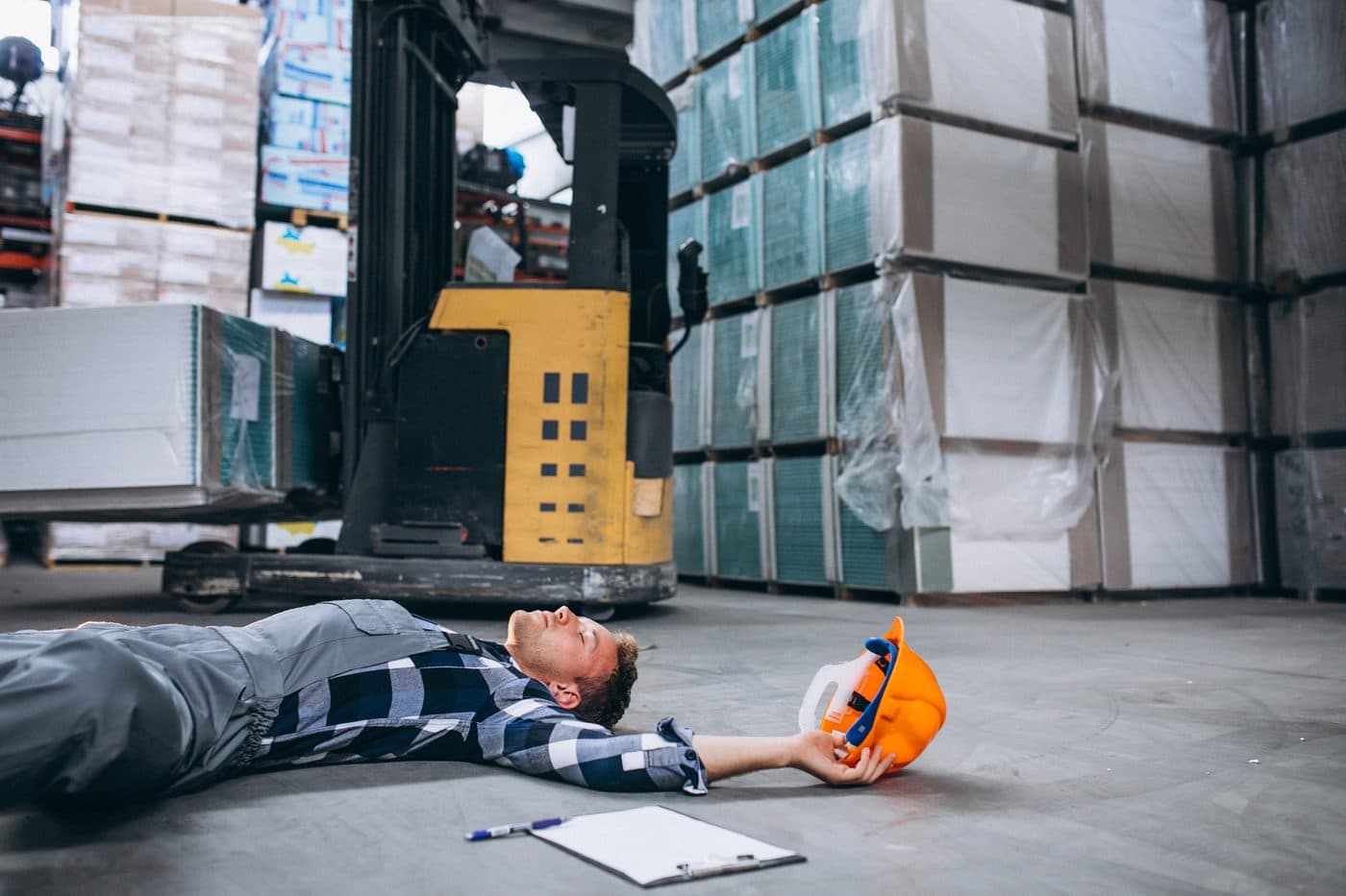 A warehouse worker lying on the floor beside a forklift after an accident, his hard hat fallen from his hand