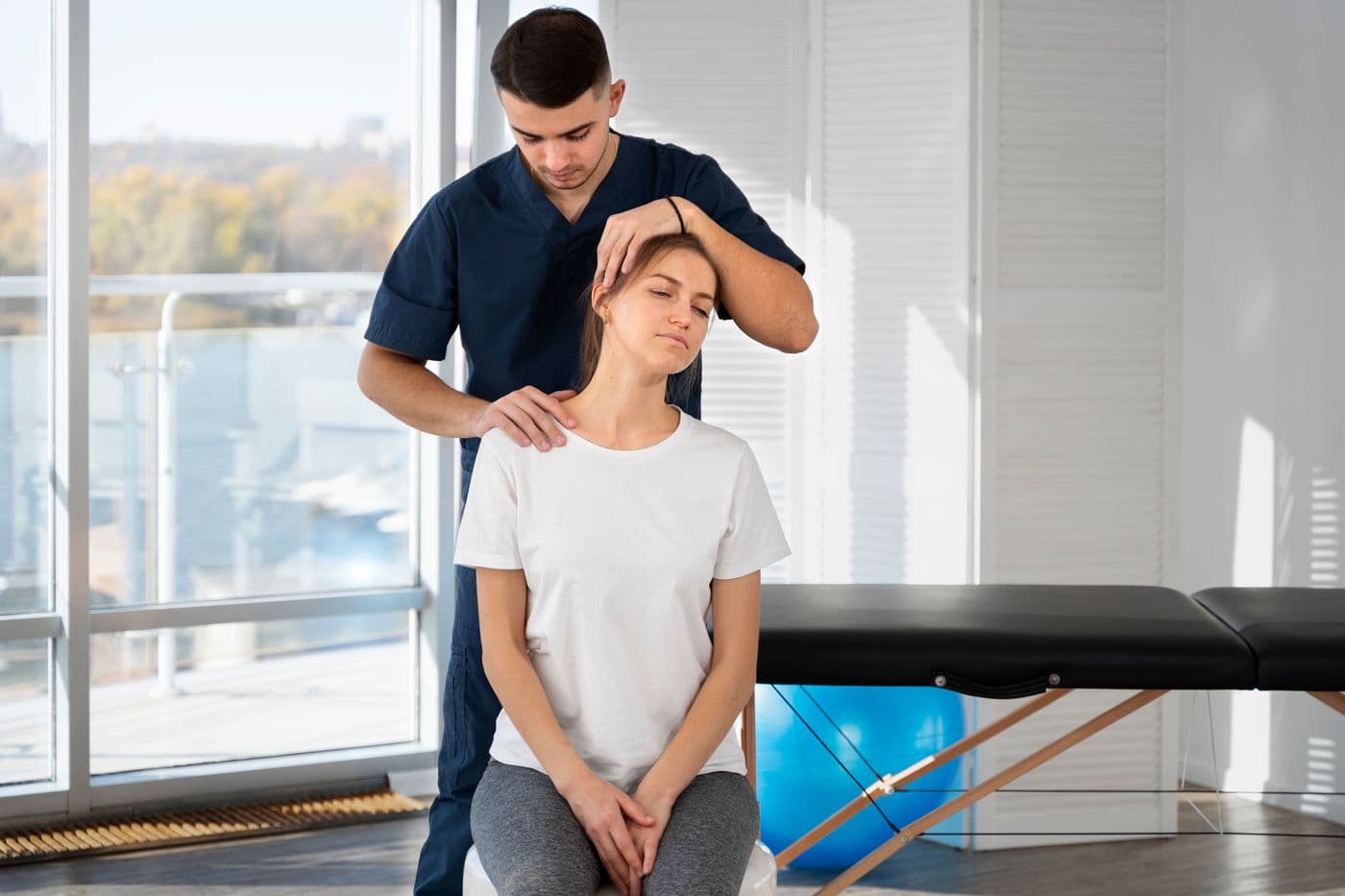 A chiropractor standing behind a seated patient, one hand on her shoulder and one on the side of her head, guiding a gentle neck adjustment