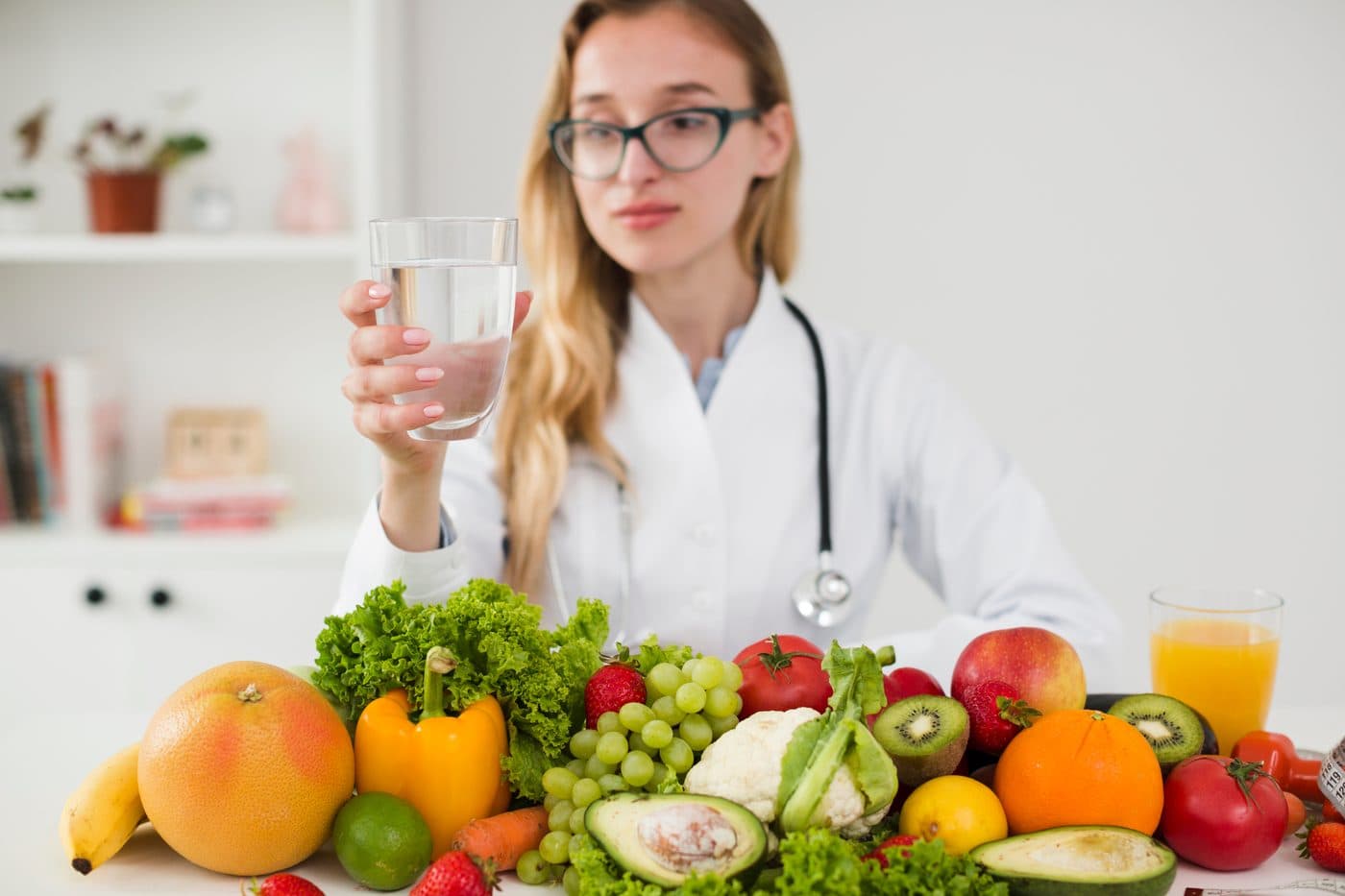 A clinician in a white coat and stethoscope holding up a glass of water behind a table of fresh fruit and vegetables