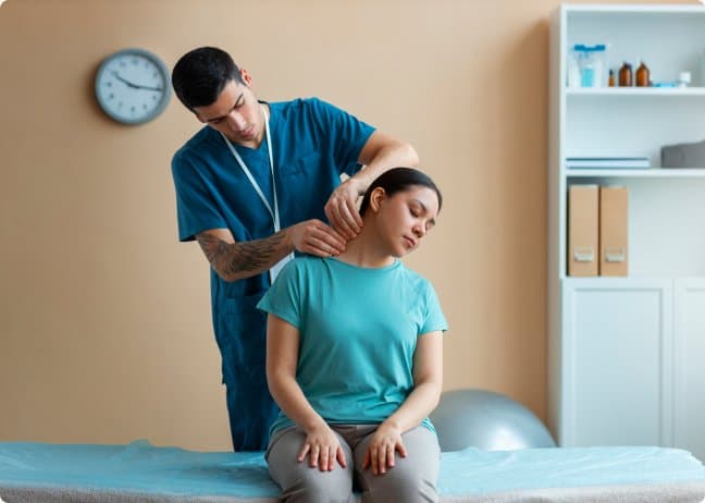 A physical therapist guiding a seated patient through a gentle neck stretch in a treatment room