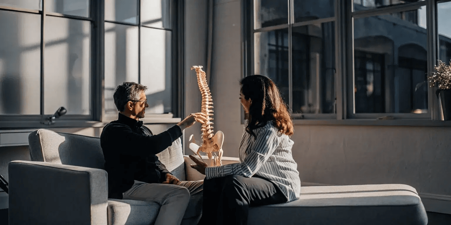 Two people seated on a sofa in a sunlit office, one holding an anatomical spine model up as they talk