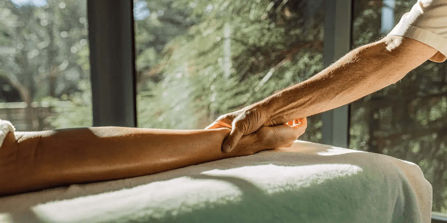 A therapist's hands working along a patient's arm on a treatment table beside a sunlit window