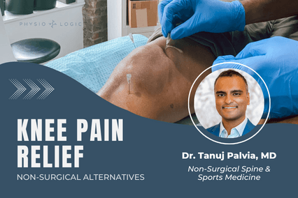 Webinar title card reading Knee Pain Relief, Non-Surgical Alternatives, with a headshot of Dr. Tanuj Palvia, MD, over a photo of a gloved clinician treating a patient's knee