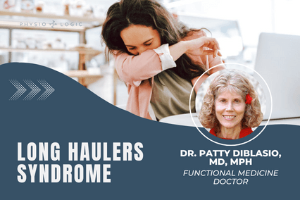Webinar title card reading Long Haulers Syndrome, with a headshot of Dr. Patty DiBlasio, MD, MPH, over a photo of a woman coughing into her elbow at a desk