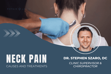 Webinar title card reading Neck Pain, Causes and Treatments, with a headshot of Dr. Stephen Szaro, DC, over a photo of a clinician treating a patient's neck with an instrument