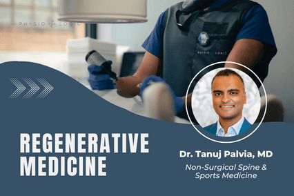Webinar title card reading Regenerative Medicine, with a headshot of Dr. Tanuj Palvia, MD, Non-Surgical Spine & Sports Medicine, over a photo of a clinician preparing an injection