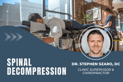 Webinar title card reading Spinal Decompression, with a headshot of Dr. Stephen Szaro, DC, over a photo of a patient lying face down on a decompression table