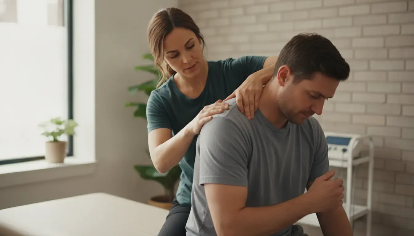 Practitioner guiding a patient through active release technique for shoulder and upper-back mobility