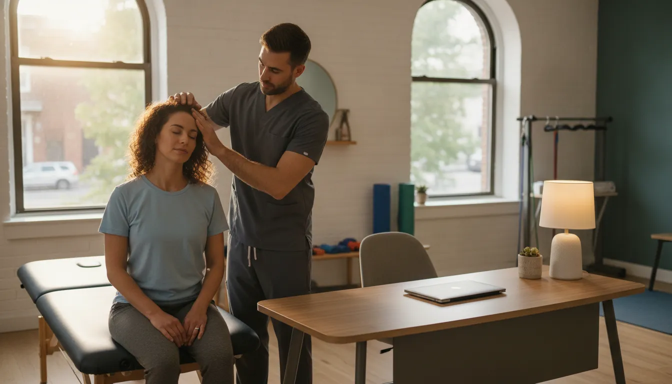 Clinician assessing a patient's neck mobility beside an ergonomic workstation