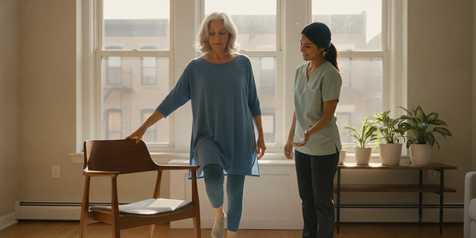 An older adult practicing a supported balance exercise beside a sturdy chair at home