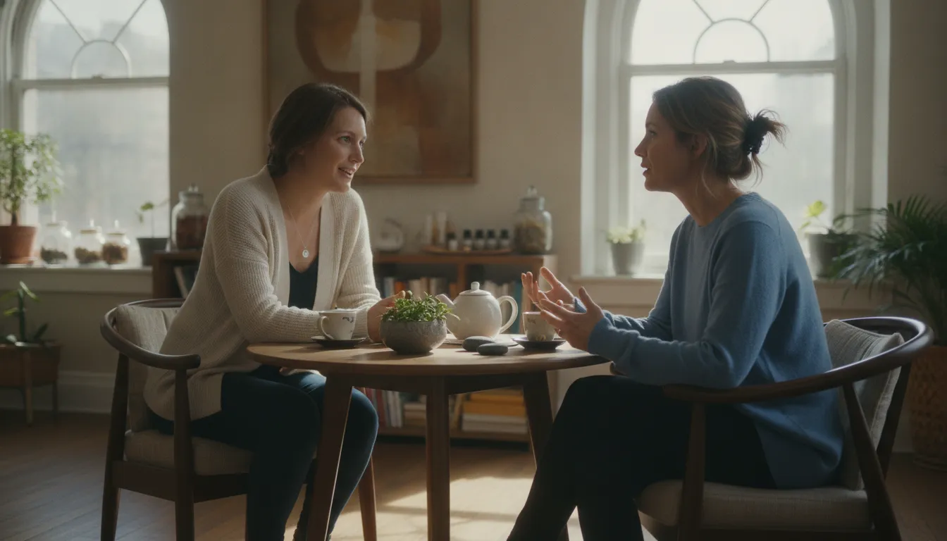 Clinician listening to an adult patient during a functional medicine consultation in a bright Brooklyn clinic