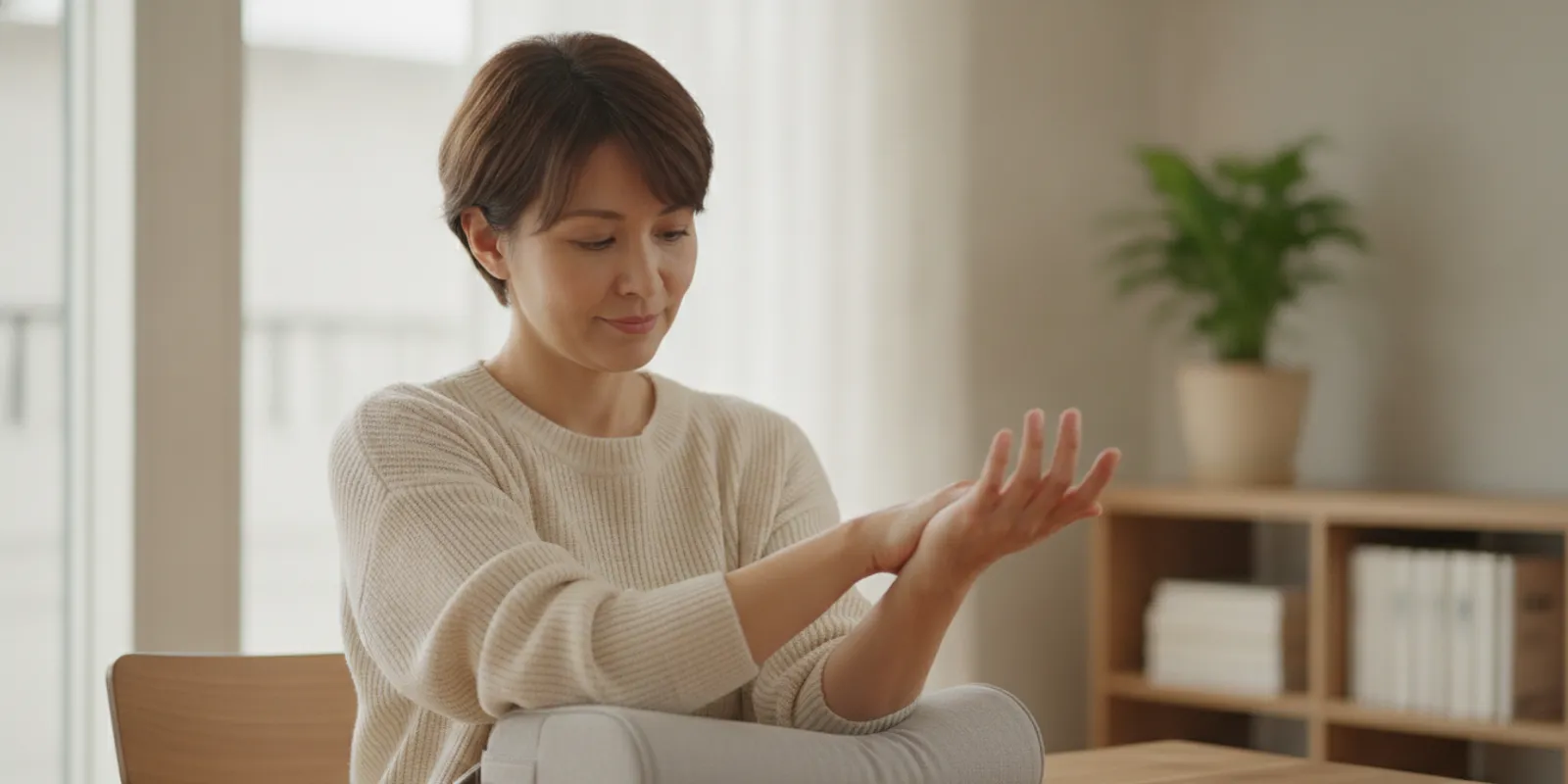 A person gently stretching the forearm with the elbow supported on a table