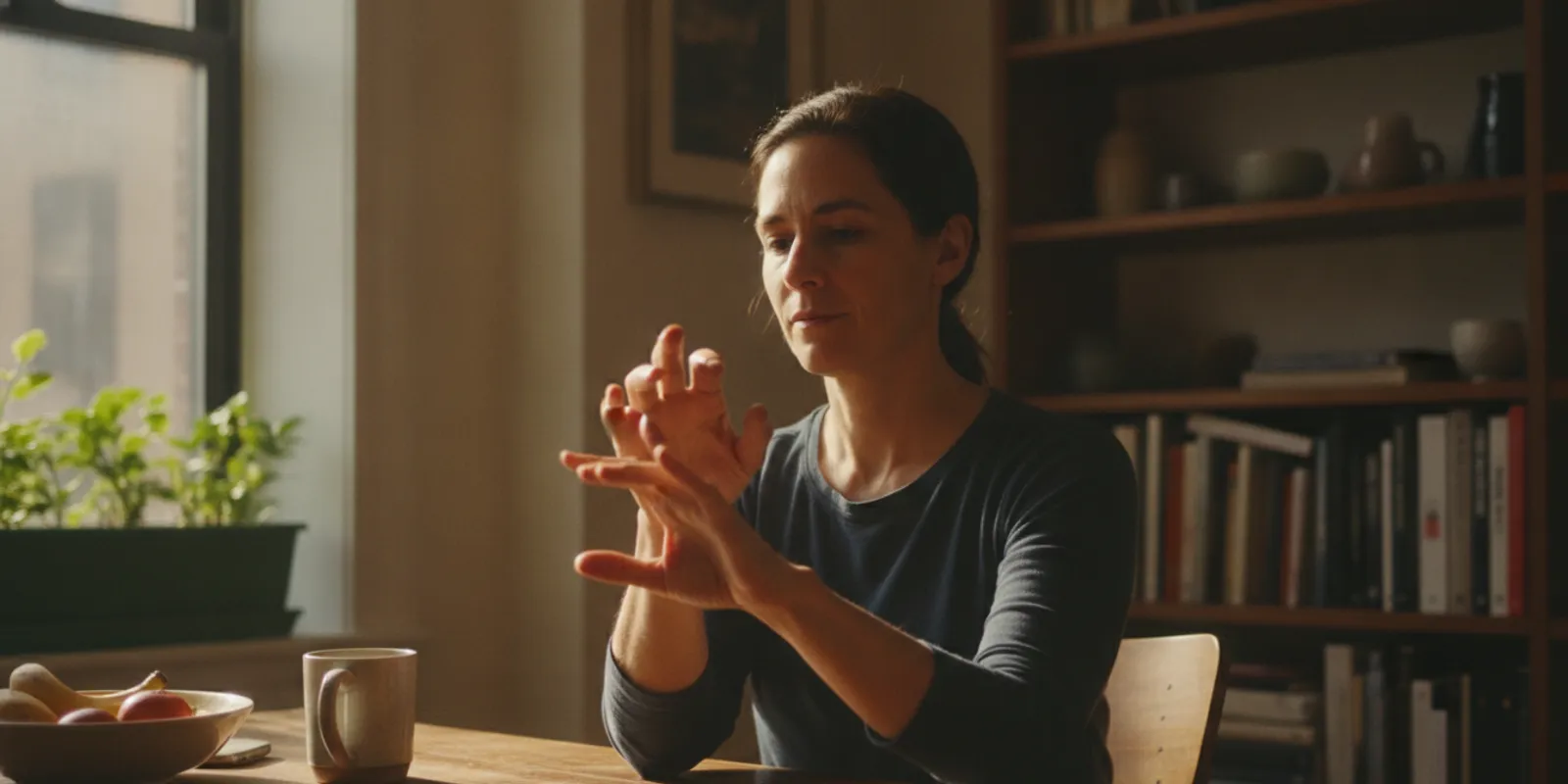 A person gently opening and closing their hands at a table
