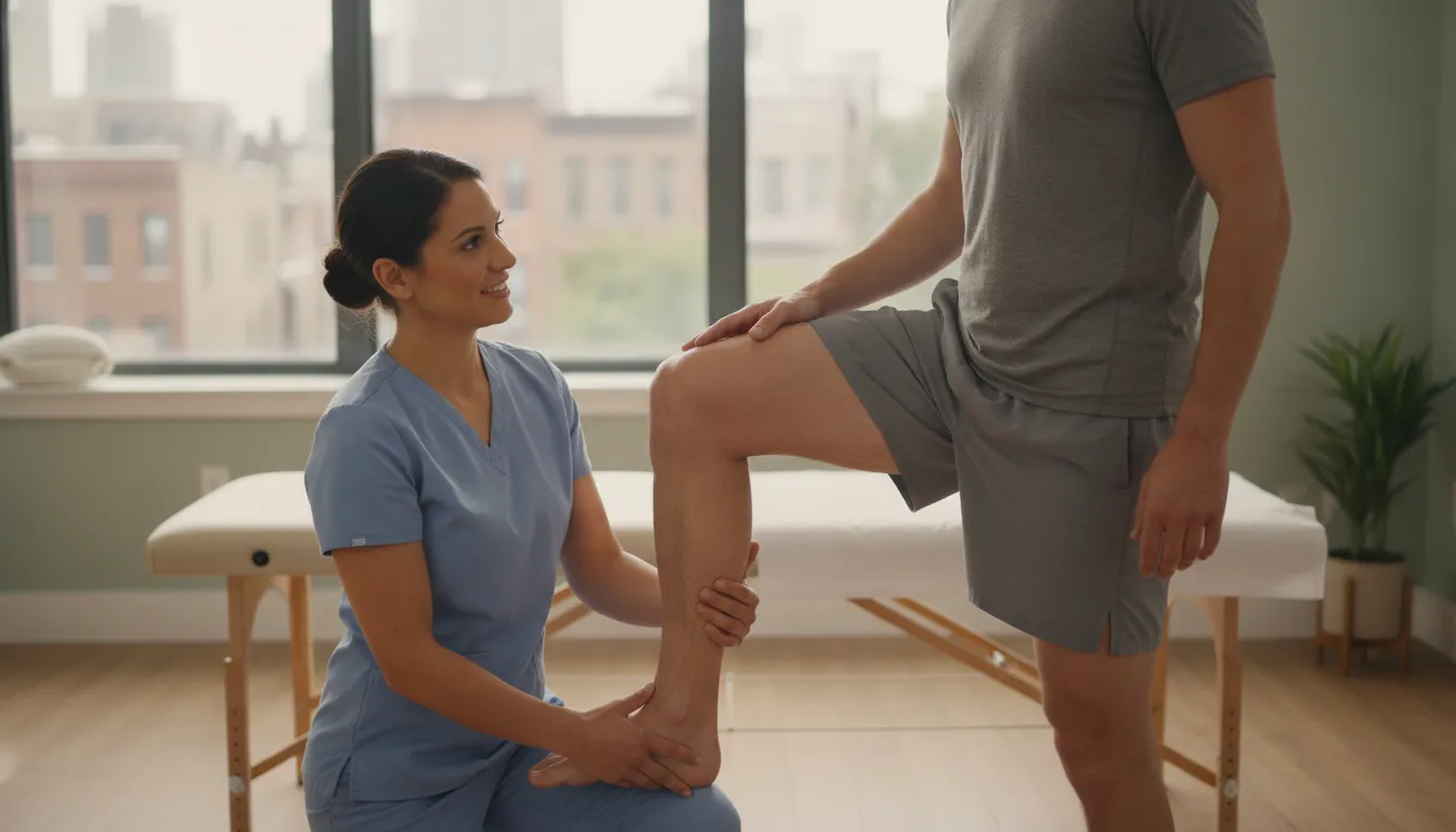 Chiropractor evaluating an athlete's movement in a bright Brooklyn clinic