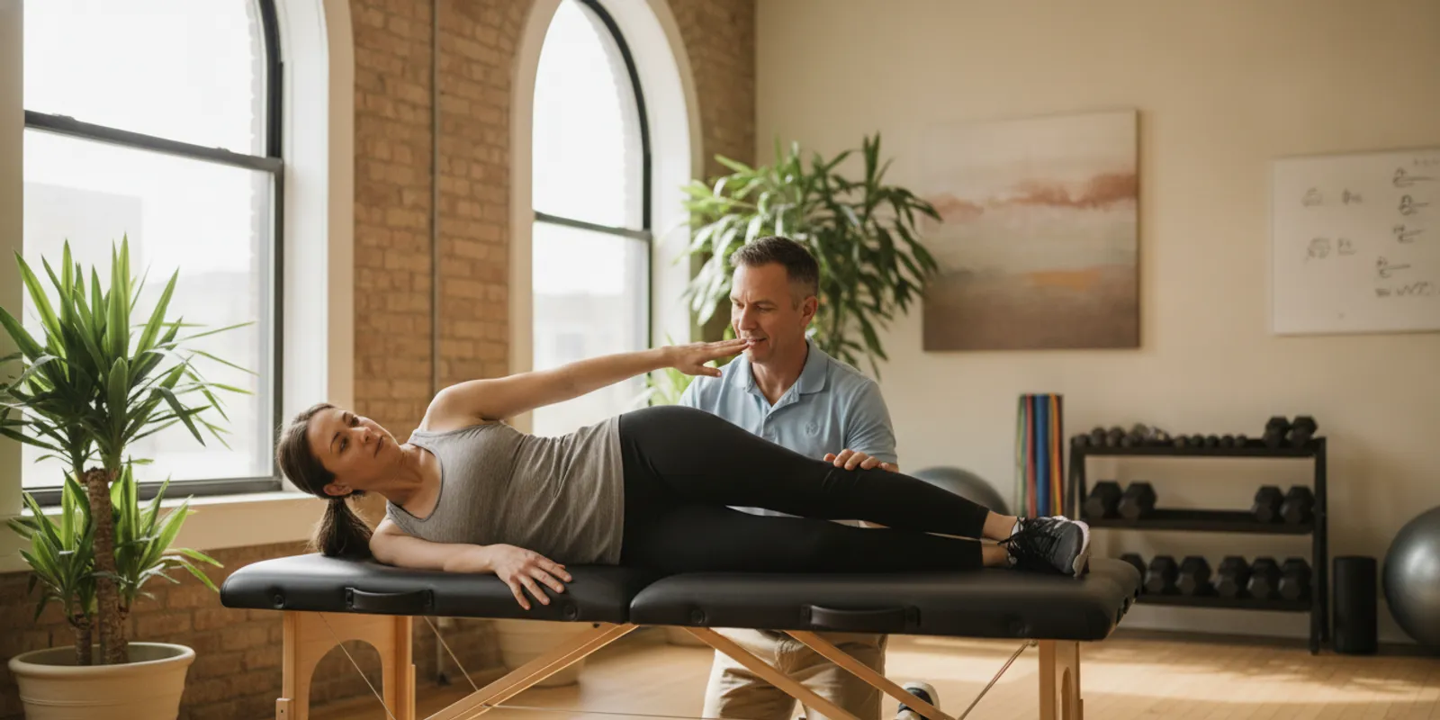 Patient practicing a supported hip movement while a therapist observes
