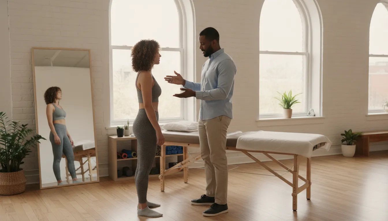Patient discussing movement goals with a chiropractor in a bright Brooklyn clinic