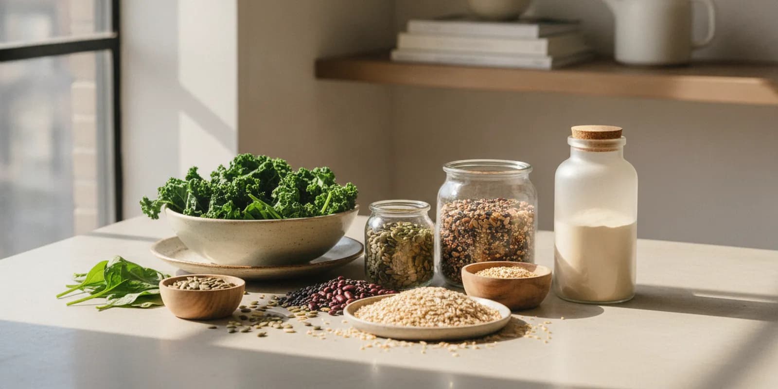 A selection of magnesium-rich foods and a supplement bottle on a kitchen counter