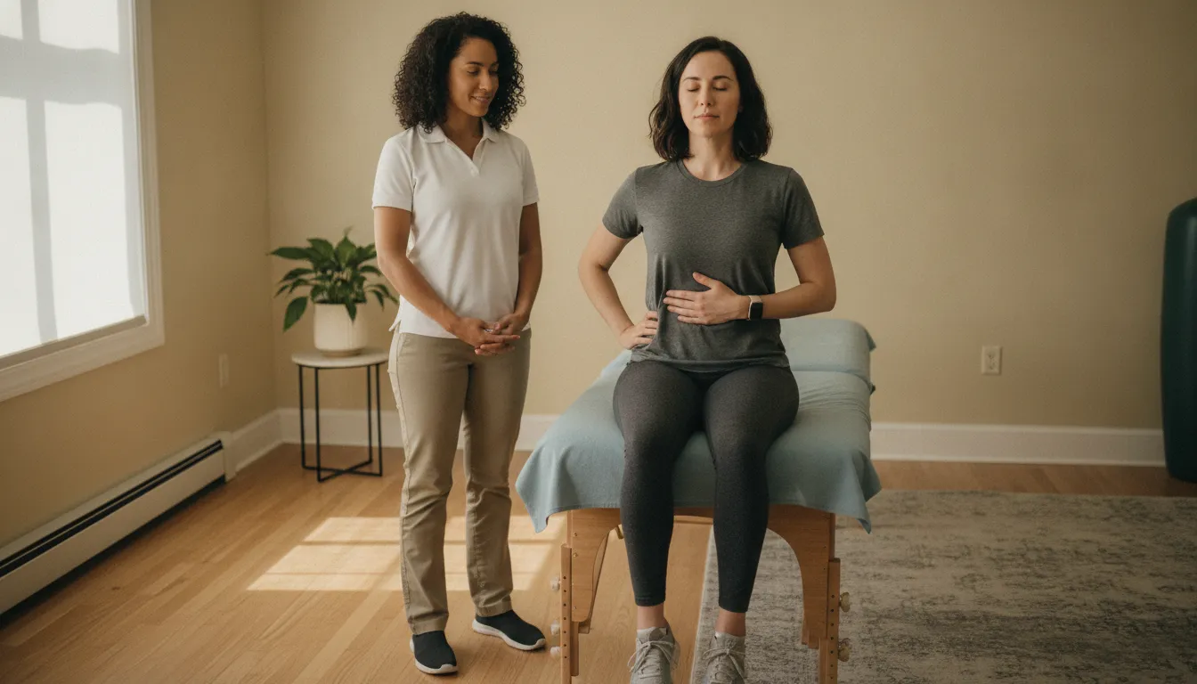 Runner practicing a quiet rib-cage inhale with a physical therapist in a Downtown Brooklyn clinic
