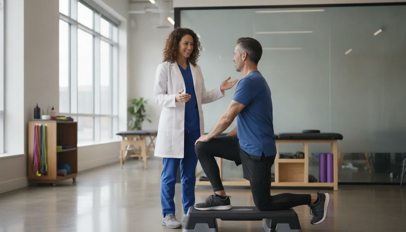 Physical therapist discussing an evaluation with a patient in a bright Brooklyn clinic