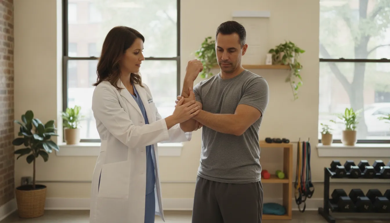 Physical therapist evaluating a patient's wrist and elbow movement in a bright clinic