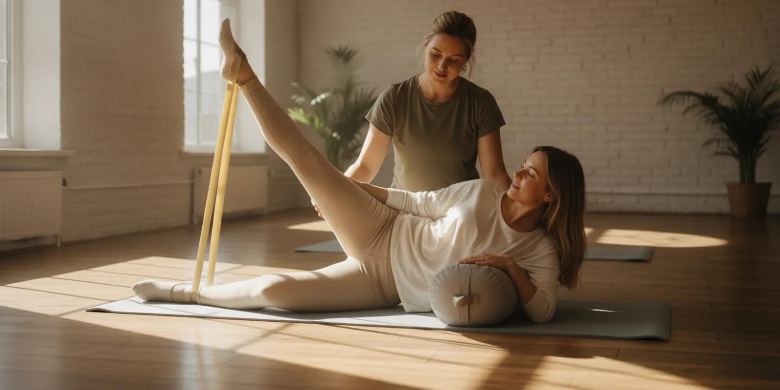 New mother practicing a gentle Pilates movement on a mat in a bright studio