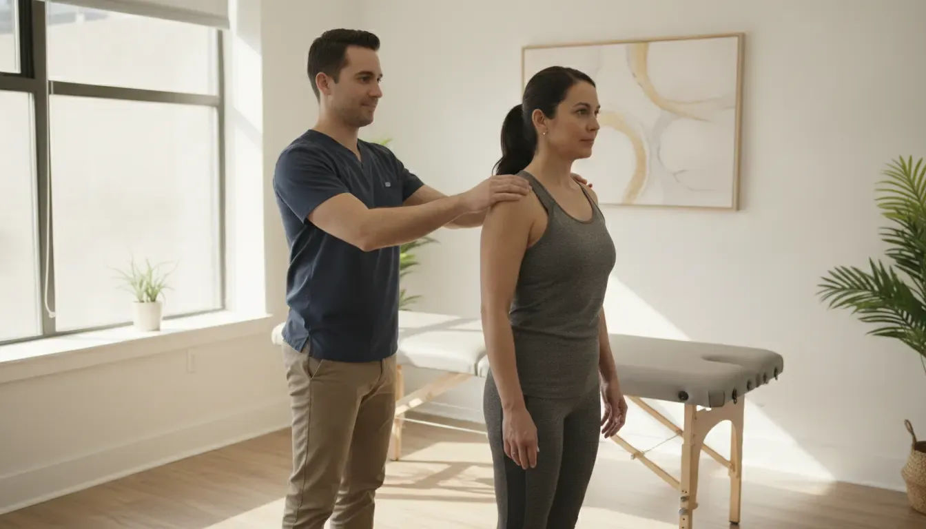 Chiropractor guiding an adult patient through a posture assessment in a bright Brooklyn clinic