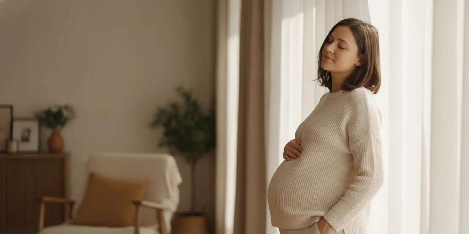 Pregnant person gently supporting the side of their abdomen while standing at home