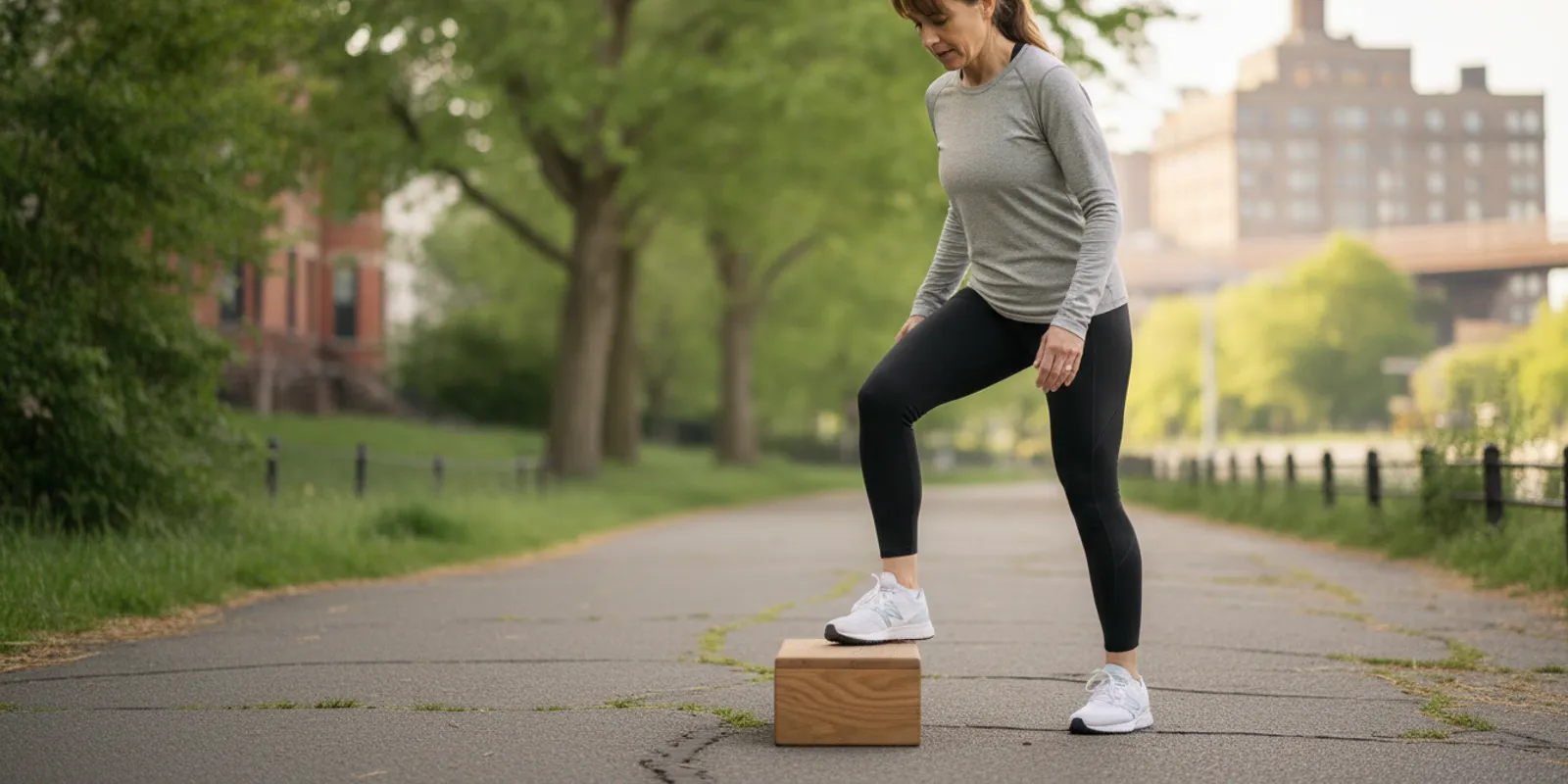 Runner doing a controlled step-down exercise beside a running track