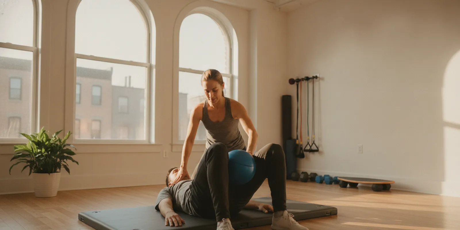 Physical therapist guiding an adult through a gentle hip and pelvic stability exercise