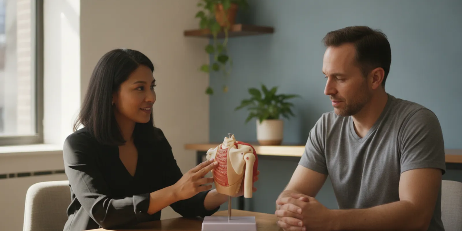 Clinician discussing shoulder treatment options with a patient
