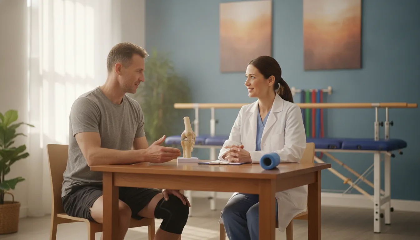 Athlete discussing injury recovery with a clinician
