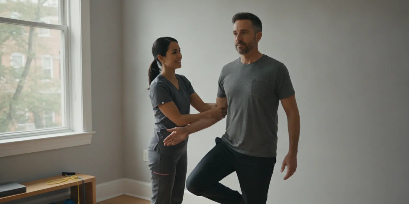 Physical therapist guiding a patient through a gentle eye and balance exercise after a concussion