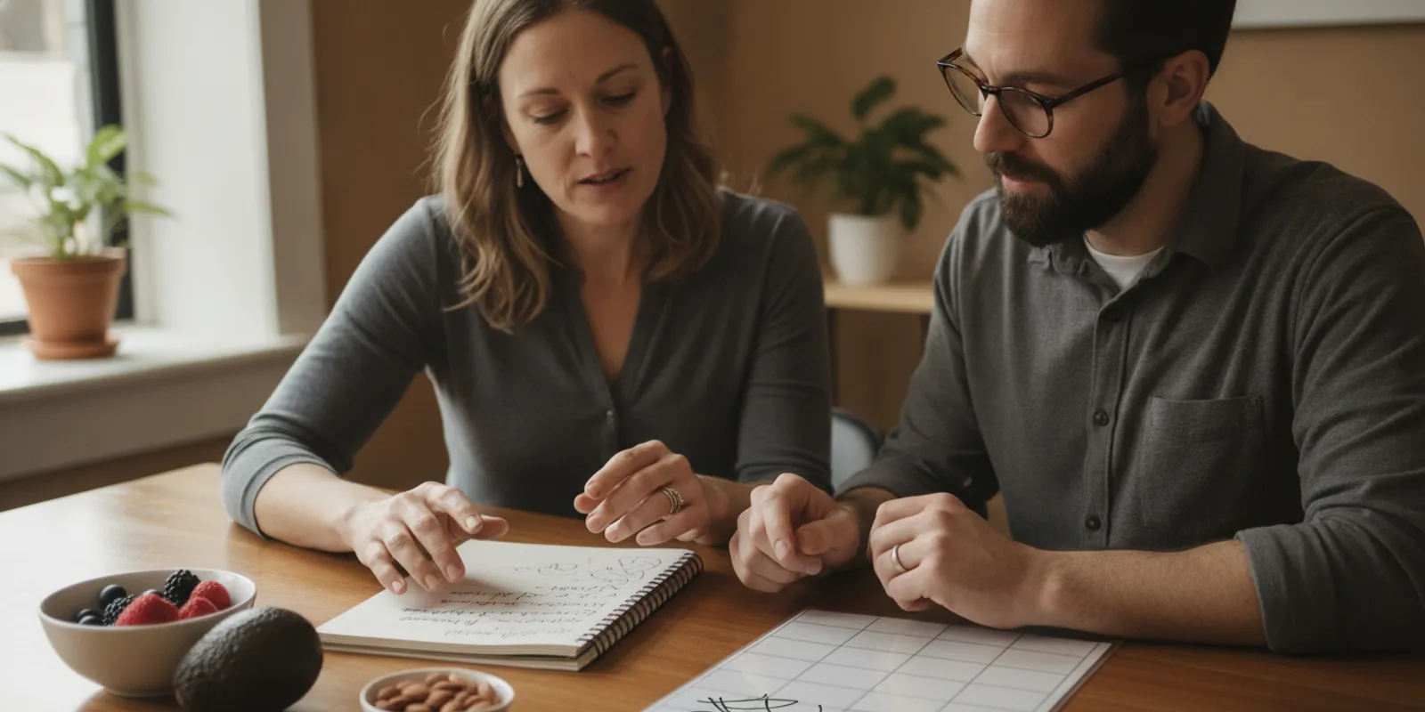 Nutritionist and patient reviewing a food diary and meal plan at a table