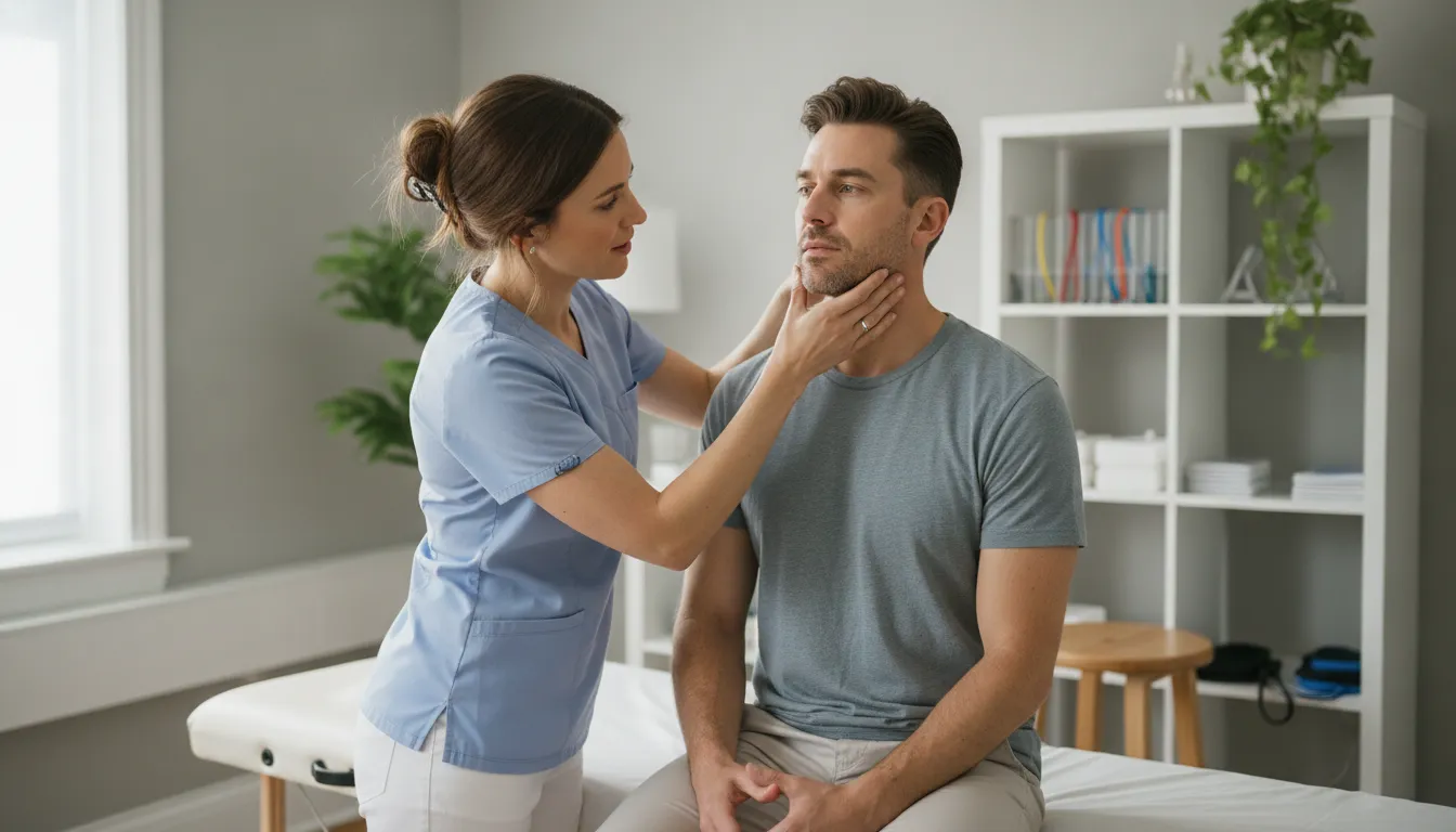 Physical therapist discussing jaw movement with a patient in a bright clinic