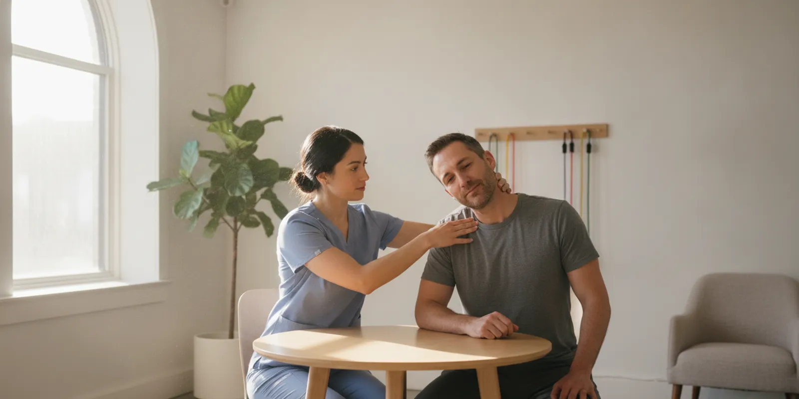 Clinician talking with a patient about neck movement during a whiplash recovery visit