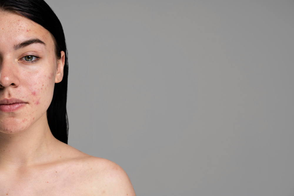 Woman with acne, showing skin health concerns.