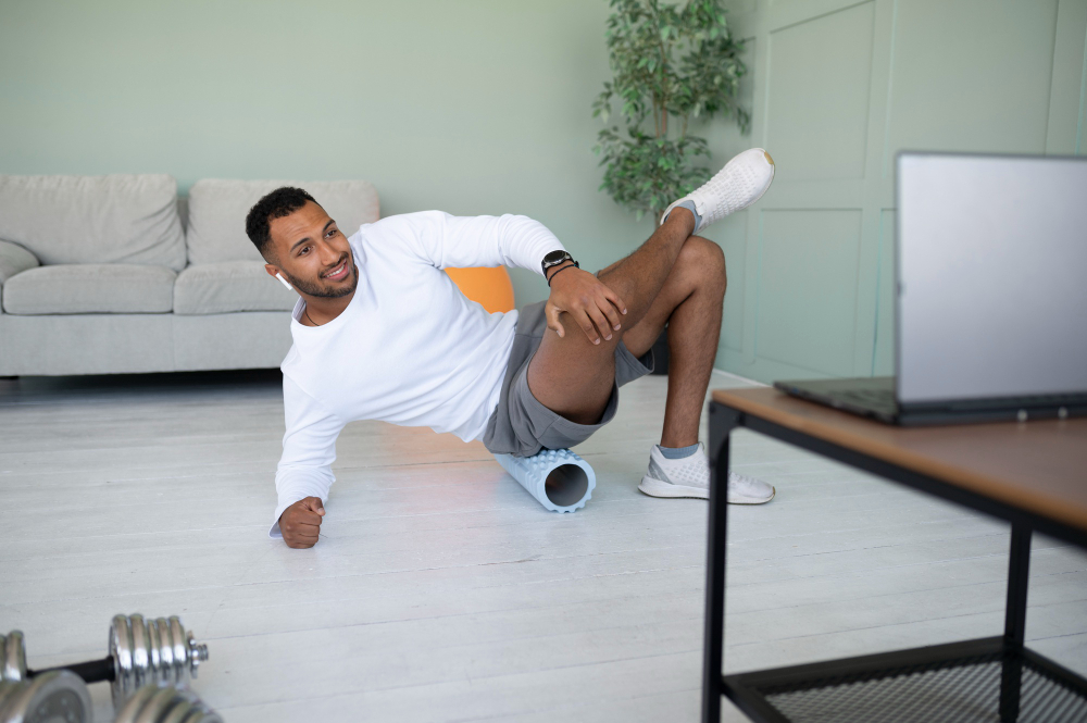 A person using a foam roller to relieve sciatica pain while following an online exercise session.
