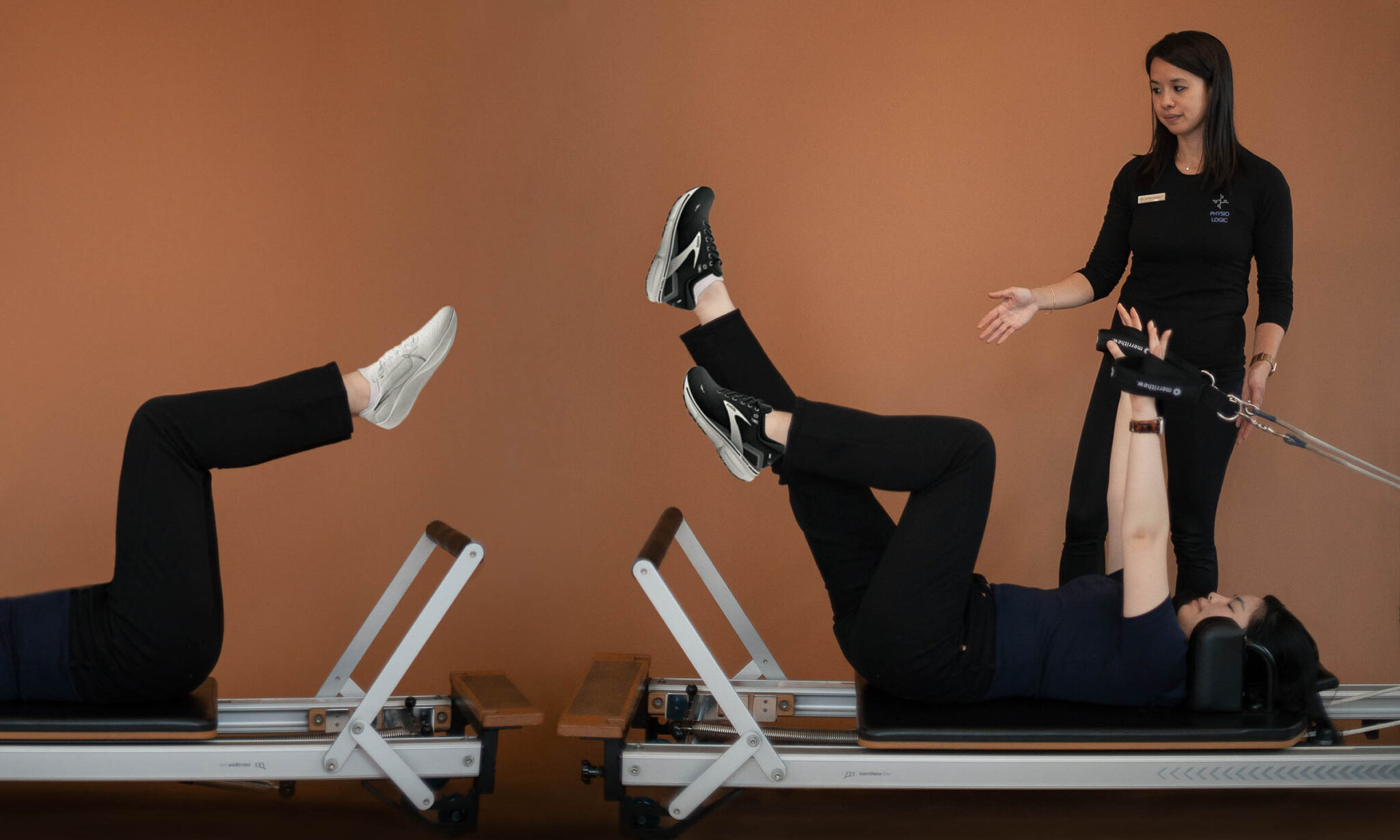Physical therapy in Brooklyn: A therapist guiding a patient through a Pilates-based rehabilitation exercise.